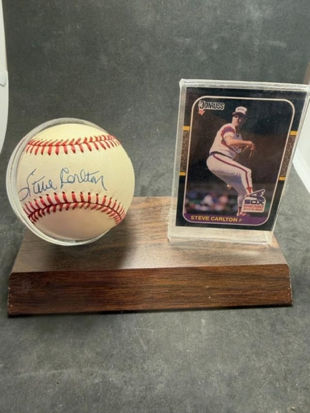 Steve Carlton Autographed Baseball and Baseball Card: Steve Carlton autographed Rawlings baseball and Donruss #617 baseball card. No COA and card unsigned and ungraded. Carlton played for the Chicago White Sox and was a Hall of Fame Player. Measures 7" x
