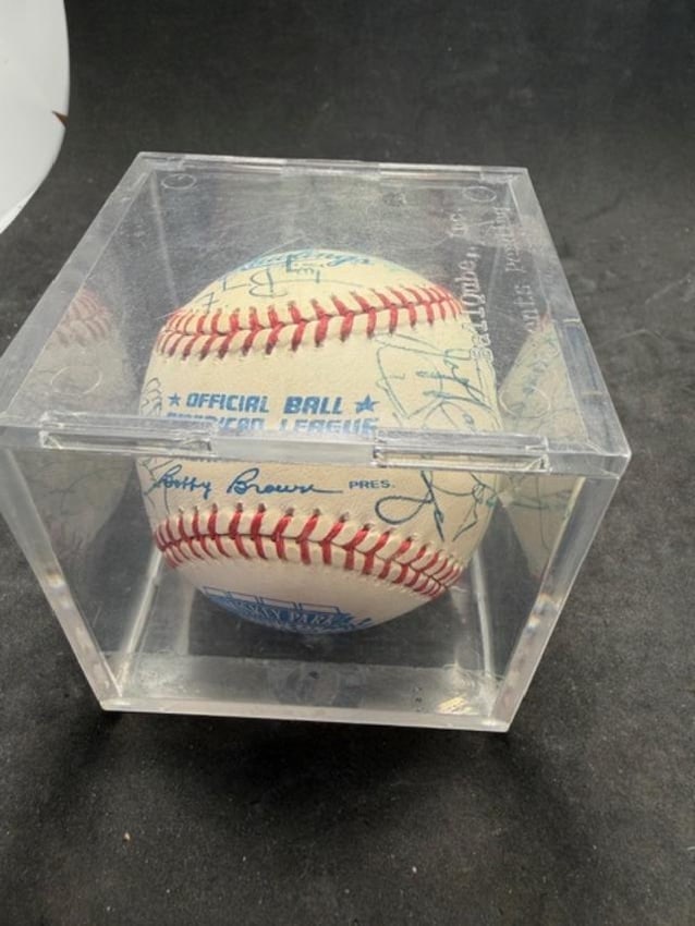 Comiskey Park Inaugural Year Signed White Sox Team Baseball: Comiskey Park Inaugural Year Signed White Sox Team Baseball. Dated 1991. No COA. In plastic cube box measures 3" x 3" x 3".
