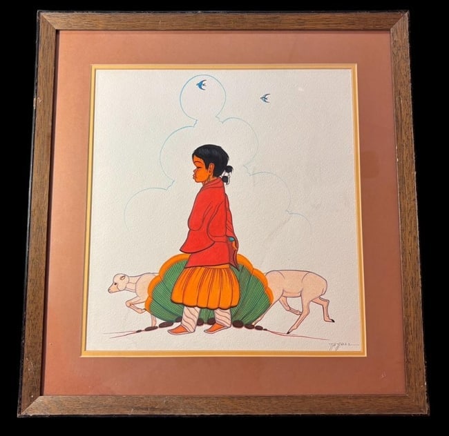 Navajo Artist B Yazz Tempera on Paper Art: Original tempera on paper painting by Navajo artist B. Yazz (1928-2012). Framed art measures 20.5" x 19.5". F