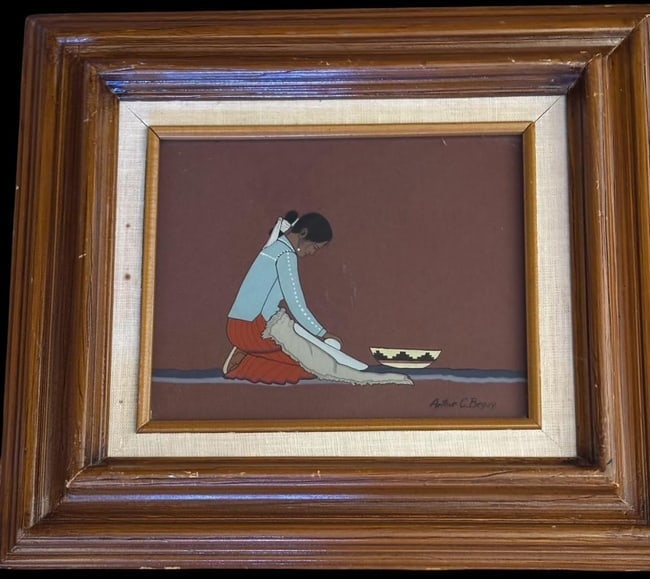 Original Painting By Navajo Artist Arthur C. Begay: Original Native American tempura on board painting by Navajo artist Arthur C. Begay (1931-2010). Hand signed signature. Framed artwork measures 17" x 15". Visible art measures 9.5" x 7.75".