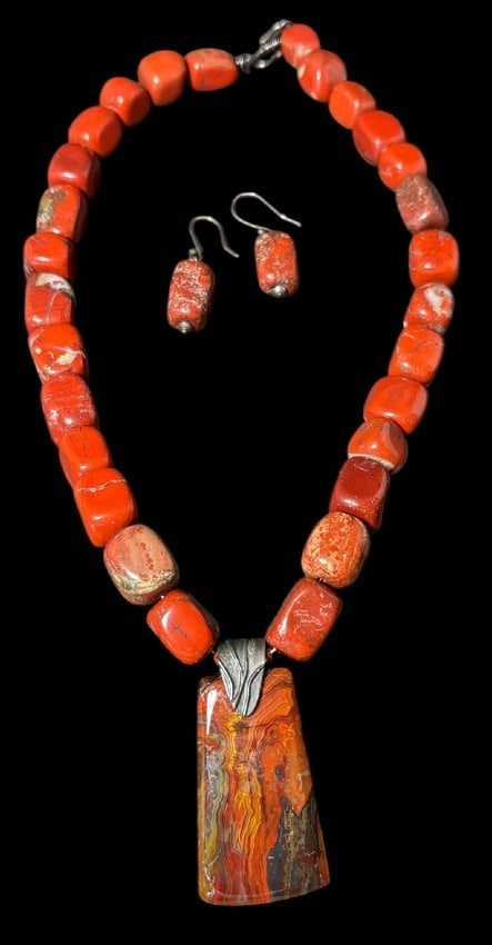 Signed JBB Jasper and Sterling Pendant Necklace and Earring Set (1 of 3)