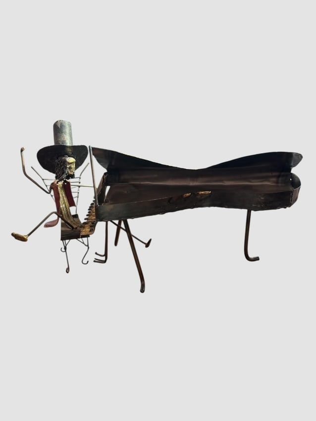 Vintage Folk Art Metal/Copper Wire Sculpture Man with a Piano: Metal sculpture of man with piano. 15" wide X 8" x 9" tall
