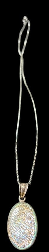 Abalone in Sterling Pendant Necklace: 17" silver-tone chain with sterling and abalone pendant. Pendant measures 1.75" x .75".