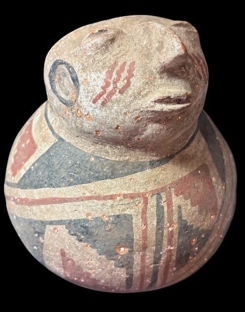 Vintage Master Potter Juan Quezada Signed Figure Effigy Jar: Mata Ortiz Master Potter Juan Quezada ink signed jar. Human effigy with indented ears. Made with early clay. Measures 7" tall.