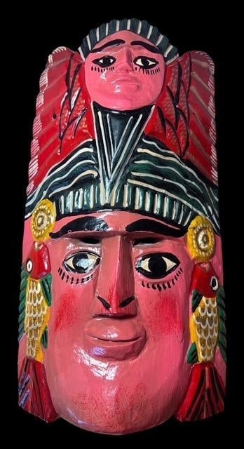 Carved Hand Painted Mexican Wood Mask: Vintage hand carved and painted Mexican Guerrero Mexican mask. Carved from single piece of wood 14" x 7.75".