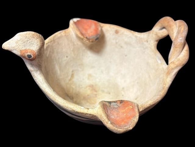 Acoma Pottery Figural Bird Bowl: Original well marked Acoma, NM figural pottery dish/bowl. Traditional Acoma painting with twisted coil handle. Measures 5" x 5" x 3.5".