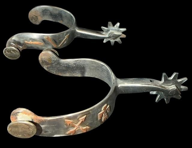 Pair of Western Steel Spurs with Copper Accent and Buffalo Nickel (1 of 3)
