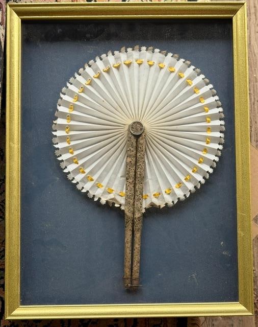 Antique Ladies Cloth and Wood Cockade Folding Fan in Shadowbox Ca. 1860s: Antique Victorian ladies folding cockade cloth and wood fan displayed in a lovely shadow box frame. Note on back of shadow box indicates the owner lived from 1/11/1830 - 11/18/1894. Fan open measures 