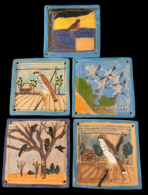 Set of Five Handmade Bird Themed Pottery Tiles Signed GB: Set of five handmade bird themed pottery tiles. Each tile has different bird figure and are marked on the back with a GB. See photos for details. Each measure 6" x 6".