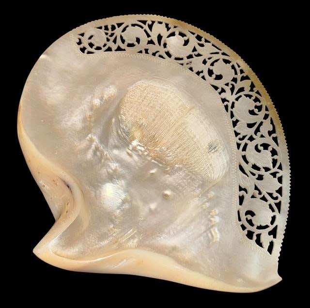 Hand Carved Mother of Pearl Caviar Dish: Hand carved mother of pearl caviar dish. Ornately carved edge. Beautiful. Measures 11" x 9.75".