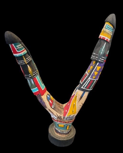 Signed Native American Hopi Kachina Zach Totsoni: Signed Native American Hopi longhair kachina. Hand carved and painted double figure. Signed by Zach Totsoni. Measures 10" x 8".