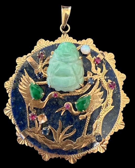14K Gold and Lapis Pendant with Gems: 14K gold and stone pendant. Stones include lapis, jade, ruby, opal, and sapphire. Total weight 20.6g.