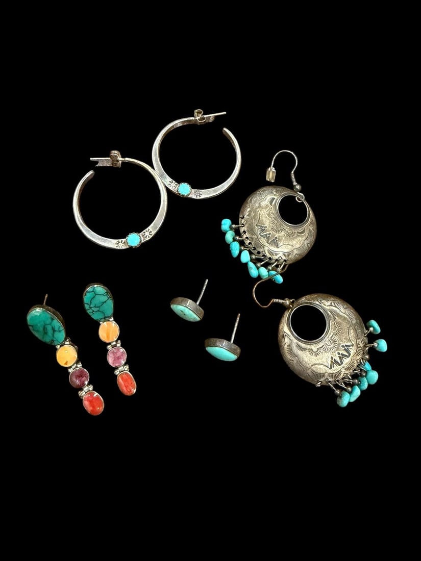 Lot of Four Native American Sterling and Stone Earrings: Lot of four Native American sterling and stone earrings. 1) 2" dangle with turquoise stone. Signed R. 2) Hoop measuring 1.5". Signed RP. 3) Turquoise stone studs. Measure .25". 4) Multi stone, includi