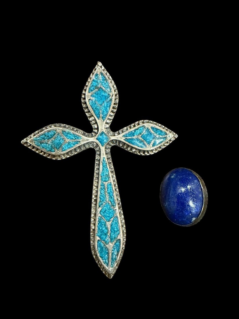 Turquoise and Sterling Cross Pendant and Sterling and Lapis Pin: Sterling and turquoise cross pendant and lapis and sterling pin. Cross measures 3" x2". Brooch measures .5" x .75".