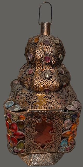 Moroccan Stained Class Hanging Candle Lantern: Moroccan stained glass hanging candle lantern. Holds four candles. Possible copper over tin construction. Measures 19" x 12" x 12".