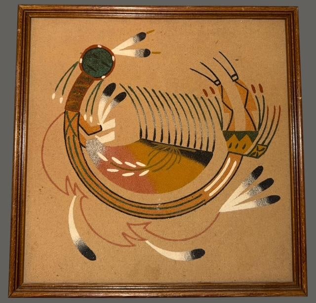 Native American Navajo Sand Painting by Howard and Nellie S. Tso (Talk): Native American Navajo sand painting. Titled Whirling Log by Howard and Nellie S. Tso (Talk) of Shiprock NM. Explanation of design on back. Lovely details. Measures 13" x 13" x 2".