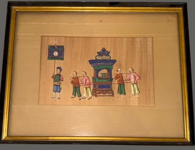 Hand Painted Chinese Tempura on Pith Original: Hand-painted Asian painting tempura on pith original art. No visible signature. Artwork measures 11.5" x 7.5". Framed art measures 19" x 15".