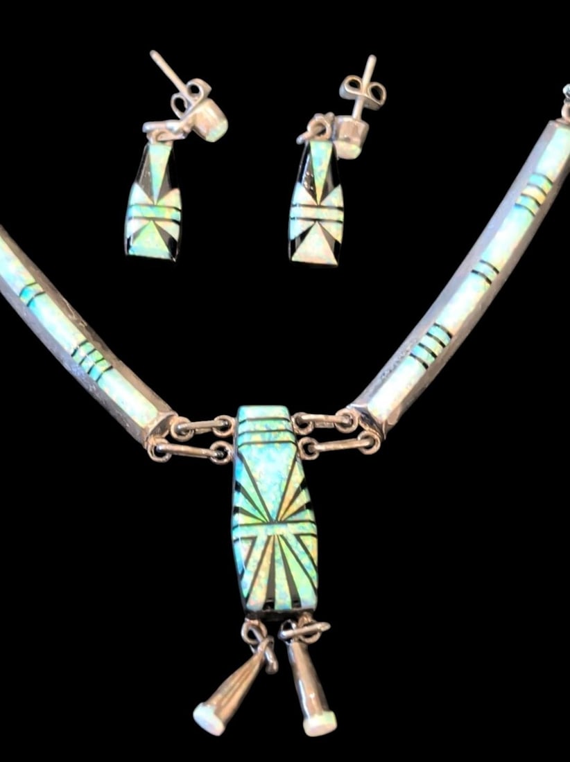 Native American Zuni Necklace and Earrings Dale Lucio: Native American Zuni pendant necklace and earrings with opal and sterling. Chain measures 16" long, pendant with tassels measures 1.75" and earrings are 1.5" long. Paperwork for artist - Dale Lucio is