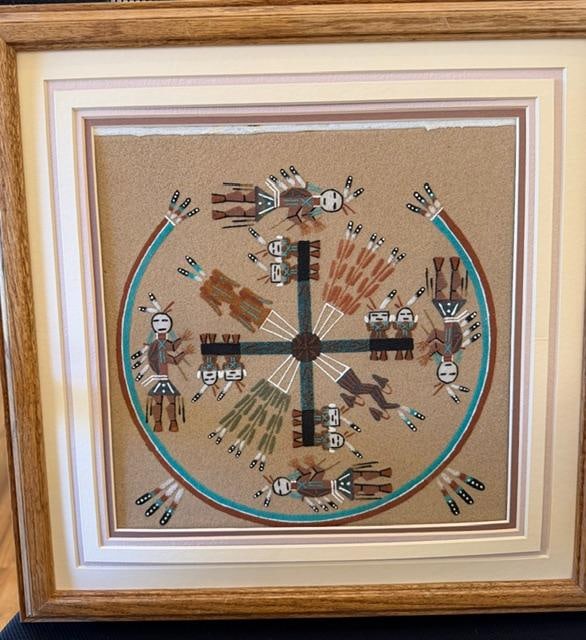 Native American Navajo Signed Sand Painting Whirling Log by Nez: Native American Navajo signed sand painting. Info on back about the art. Whirling Log by Nez. Measures 18" x 18".