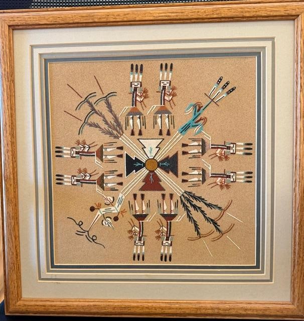 Native American Navajo Signed Sand Painting Rainbow People by McDonald: Native American Navajo signed sand painting. Signed Rainbow People and McDonald on back. Measures 18" x 18".