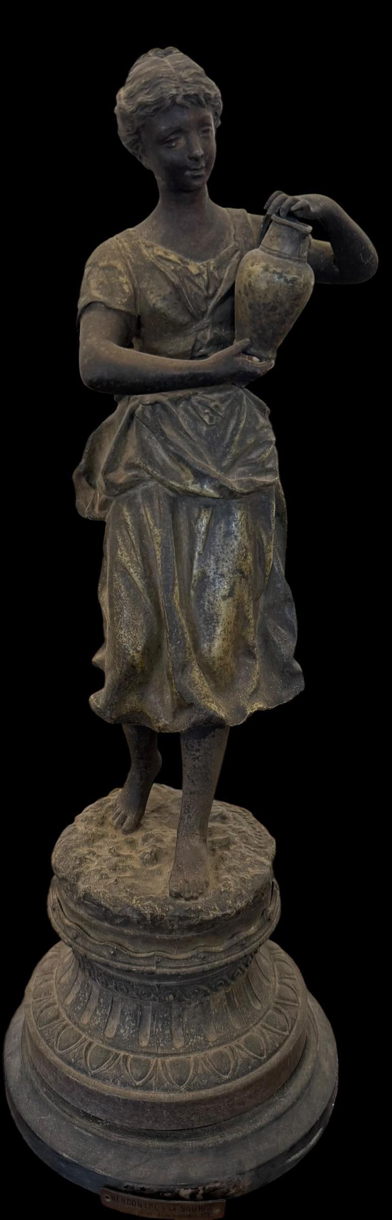 Ernest Rancoulet (1870-1915) Statue Titled Recontre a La Source: Ernest Rancoulet (1870-1915) Statue Titled Recontre a La Source statue. Measures 18" high on a 6.5" round base.