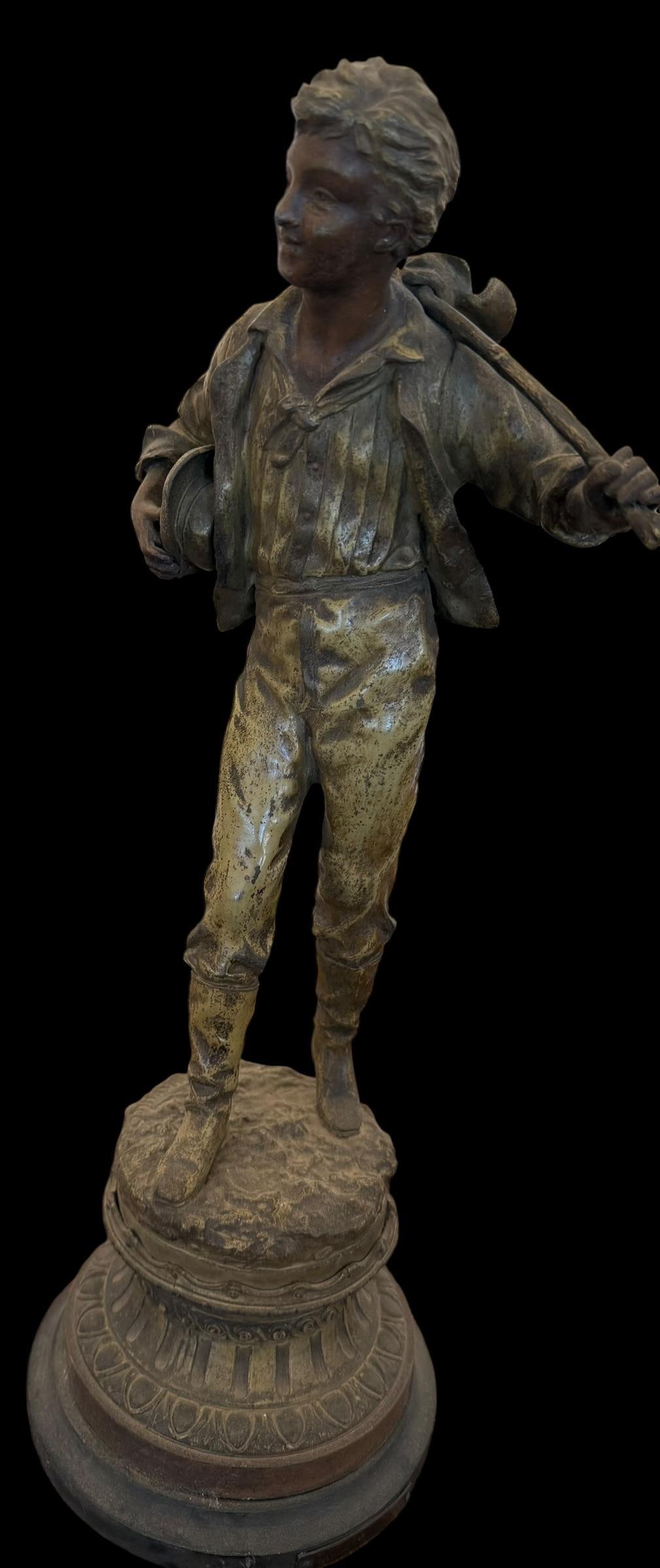 Ernest Rancoulet (1870-1915) Cast Aluminum Fishing Boy Statue (1 of 5)