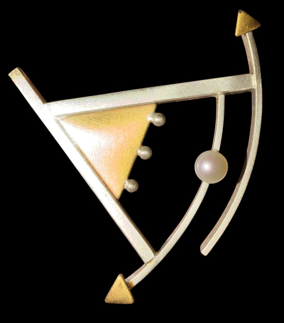 Brutalist Style Silver and Gold Tone Brooch: Brutalist style silver and goldtone brooch with a single pearl accent. Unmarked. Measures 1.5" x 1.5".