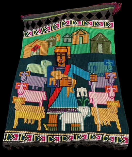 South American Good Shepherd Design Tapestry: South American (Peru or Guatemala) Good Shepherd design tapestry. Measures 21" x 30".