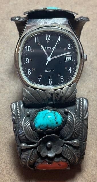 Native American Navajo Sterling, Coral and Turquoise Watch Band: Native American sterling, coral and turquoise watchband. Each side of band measures 1" x 1.25". Unsigned.