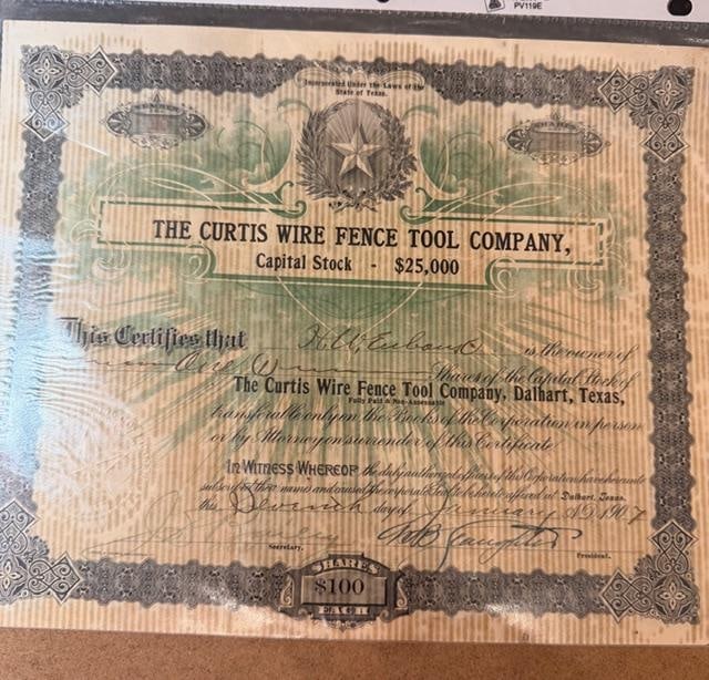 Stock Certificate for Curtis Wire Fence Tool Company 1907: One share stock certificate for Curtis Wire Fence Tool Company issued to H.W. Eubank, January 1907. Reassigned to Z. A. Curtis, September 1907. Measures 8" x 10". Barbwire, cattle, cowboy interest.