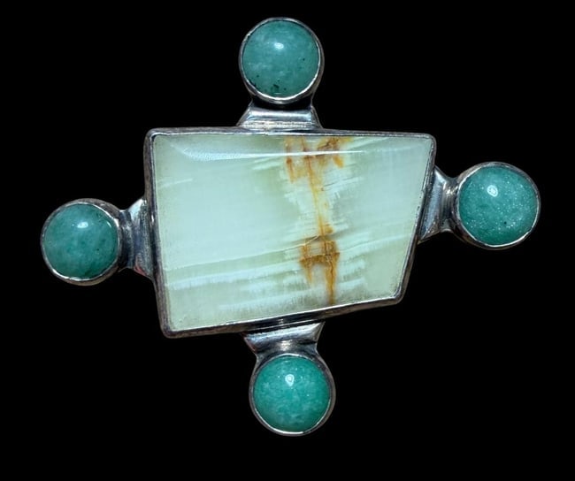 TISCHE - Sterling Navajo Pin: TISCHE sterling Navajo pin with aventurine and onyx stones. Total weight 13g. Measures 2" x 1.5".