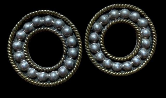Mid-Century Sterling Mexico Taxco Sterling Pierced Earrings: Sterling Mexico Taxco mid-century pierced earrings. Has gold tone accents. Measures 1.25" across.