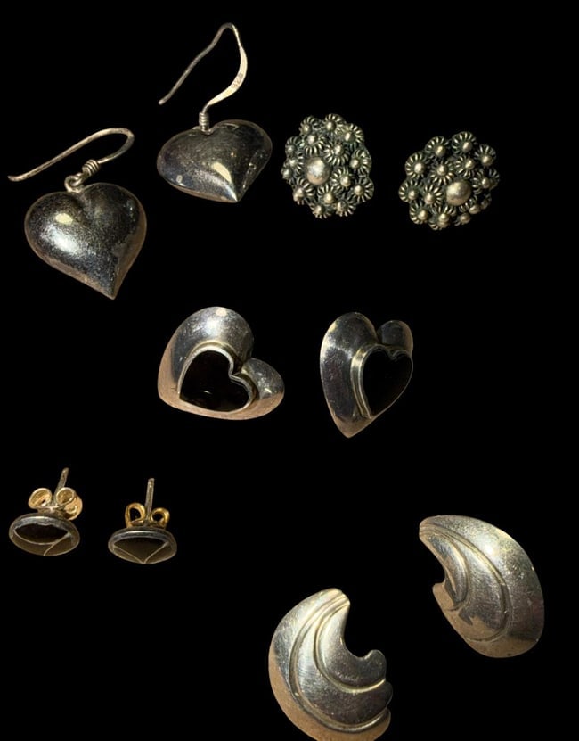 Assorted Lot of Five Pairs Sterling Pierced Earrings: Assorted lot of tested or marked sterling pierced earrings. Mid-century to contemporary. Total weight 16g. See photos for details.