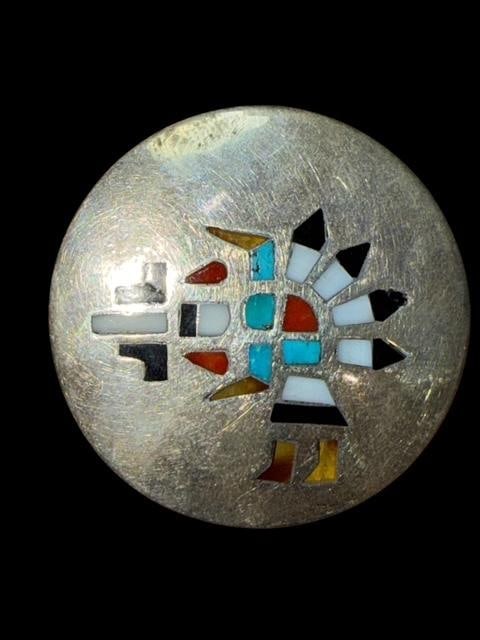 Native American Zuni Sterling and Stone Brooch: Native American Zuni sterling (tested) and inlaid stone brooch. Unsigned. Measures 1.75" and total weight is 16g.