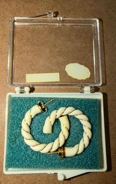 Carved Bone and 14K Gold Pierced Hoop Earrings: Carved bone and 14k gold pierced hoop earrings. New in original box. Measures 1" across.
