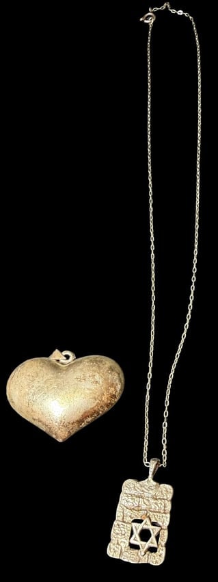 Lot of Two Sterling Mazal Star Necklace and Heart Pendant: Sterling Mazal Star Hebrew pendant on a fine sterling 17" chain. Separately is a sterling heart shaped pendant. No chain. Measures 1.5" x 1". Total weight 10g.