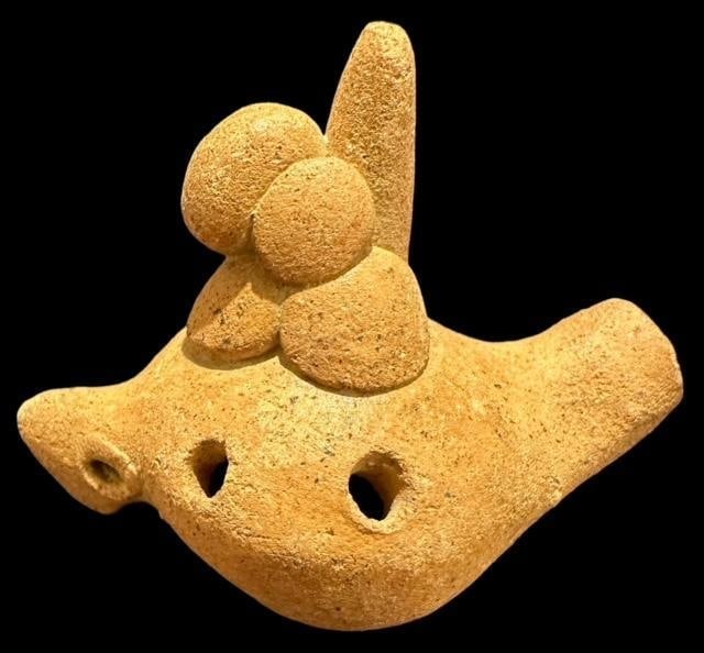 Pre-Columbian Whistle 1200 CE: Pre Columbian, ca 1200AD, carved whistle. Still works. Measures 2.5". Museum of Man San Diego, Ca.