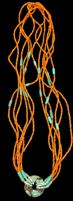 Turquoise and Bead Multi Strand Necklace with Pendant: Turquoise and bead six strand necklace with turquoise center pendant. Measures approximately 24". Pendant measures 1" around.