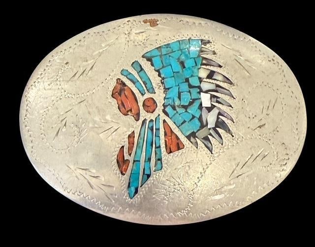 Native American Silvertone and Stone Signed Belt Buckle (1 of 3)