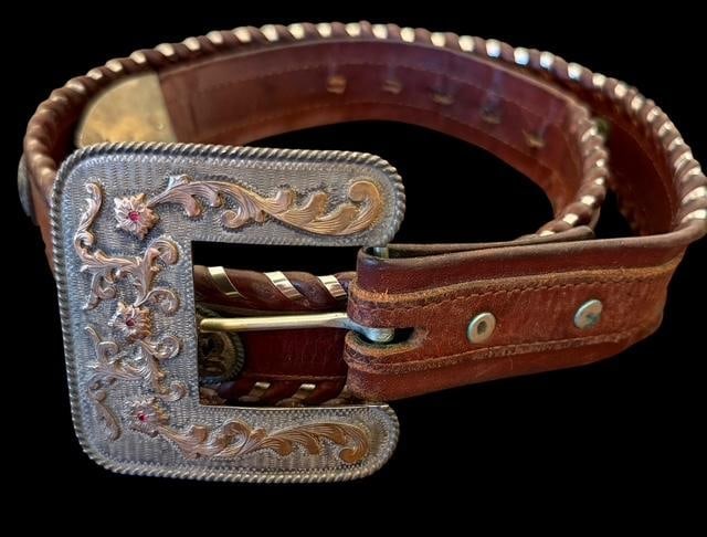 Mexico Sterling and Applied 10K Gold Belt Buckle and Leather Belt (1 of 7)