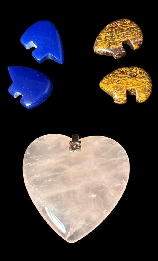 Lot of Five Carved Stone Pieces - Four Bear Fetishes and One Quartz Heart: Two lapis and two Mariam jasper mini bear fetishes .75" with drill holes for stringing, and pink quartz heart 1.25"
