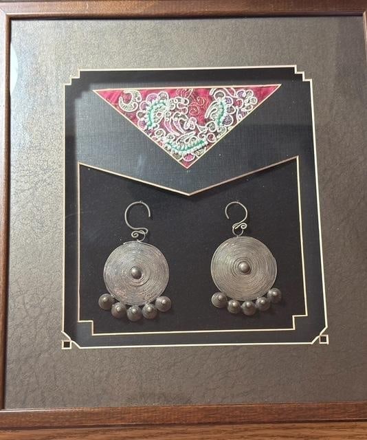 Framed Shadow Box Miao and Dong Minority Earrings and Skirt Remnant (1 of 5)