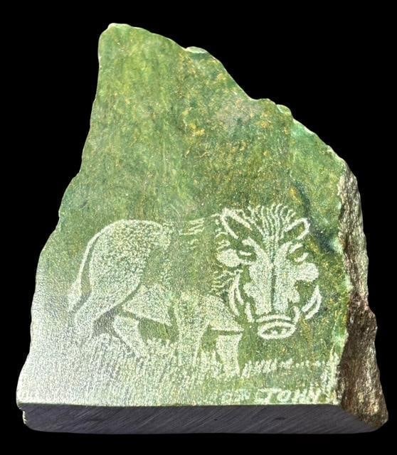 Hand Etched African Warthog on Green Stone Signed John (1 of 2)