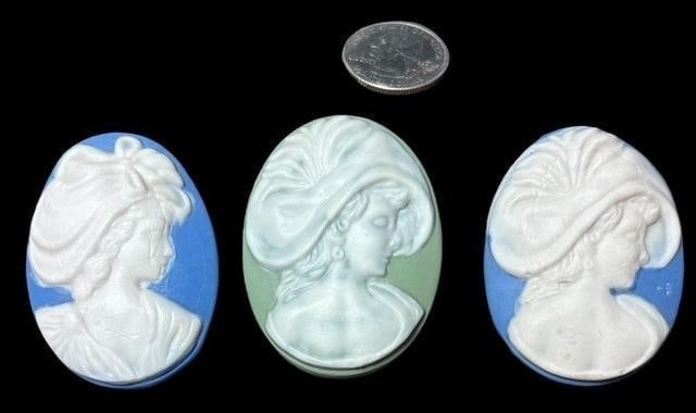 Lot of Three Jasperware Cabochons: Lot of Three Jasperware Cabochons for jewelry making jewelry box adornment. Two blue and one green 2.25" x1.75".