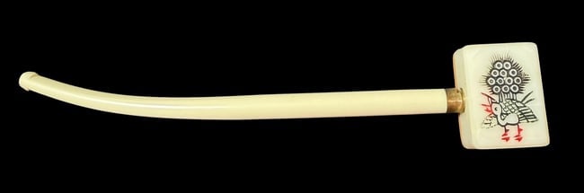 Chinese Mahjong Tile Pipe: Chinese Mahjong tile pipe. Interesting fun construction. Measures 5" long. Tiles measure .75" x 1" x .5". Unused.