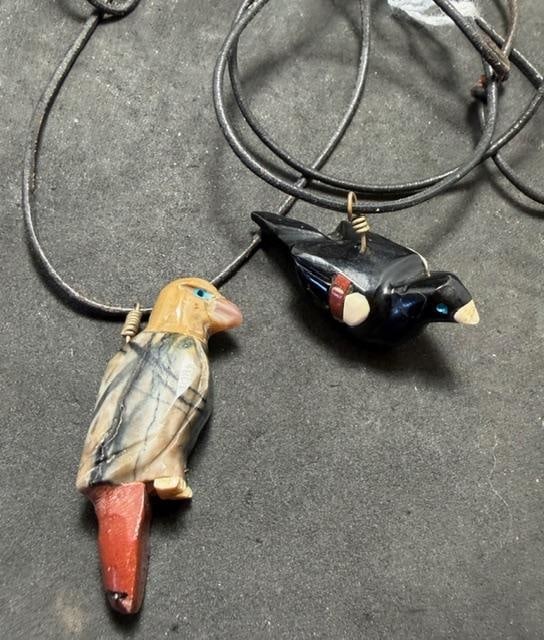 Pair of Carved Stone Inlaid Bird Fetish Necklaces (1 of 3)