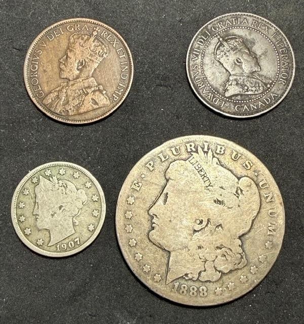 Lot of Four Antique Coins 1888 Silver Dollar, 1907 Nickel, 1907 & 1918 (1 of 2)