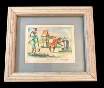 Original Signed Bernard Reid Watercolor Barbados Watercolor: Great fun folk art original watercolor by Barbados artist Bernard Reid titled "Ladies at de standpipe". Dated 1992. Visible art measures 4" x 2.75". Framed artwork measures 7.5" x 6.5".