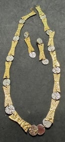 Ann Dick Studio Bronze and Silver Necklace and Earrings: Ann Dick studio bronze and silver necklace and matching pierced earrings. Necklace is 22" long. Earrings are 2.25" long by 1/2" width. Well-marked on necklace clasp and has original Ann Dick card.