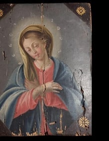 Antique Hand Painted Wood Panel 0il of the Virgin Mary - 1804 RARE: Old hand-painted Virgin Mary Retablo on paneling. Measures 6.25" x 8". Circa 1804.